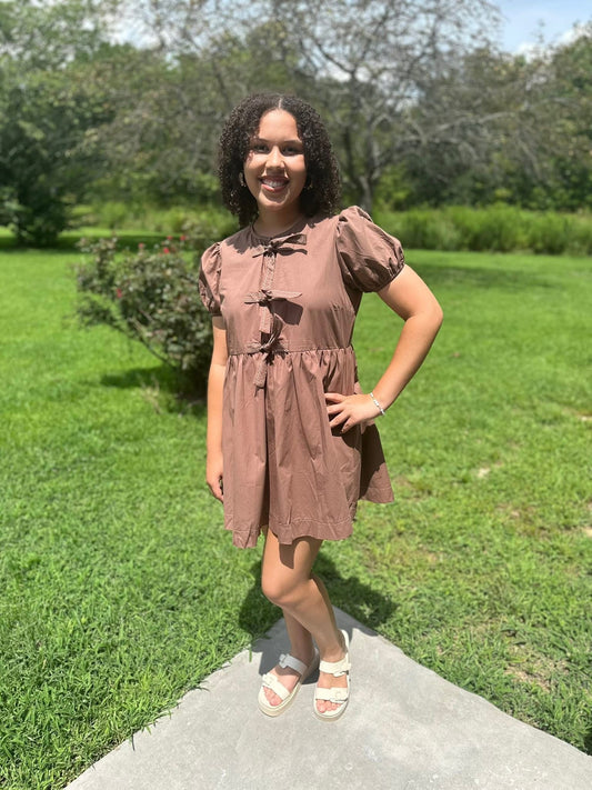 Triple Bow Puff Sleeve Dress - Brown
