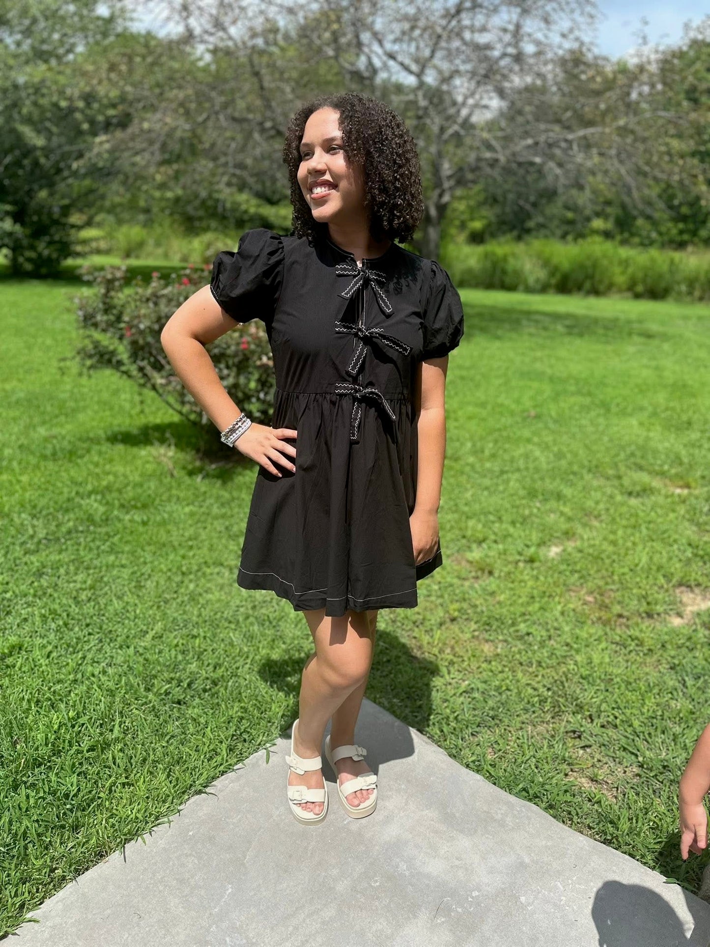 Triple Bow Puff Sleeve Dress - Black