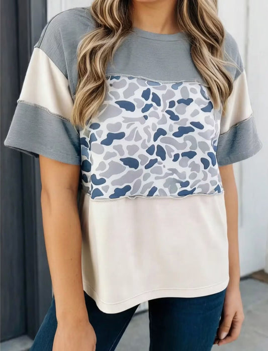 Raw Seem Color Block Camouflage Patchwork Tee