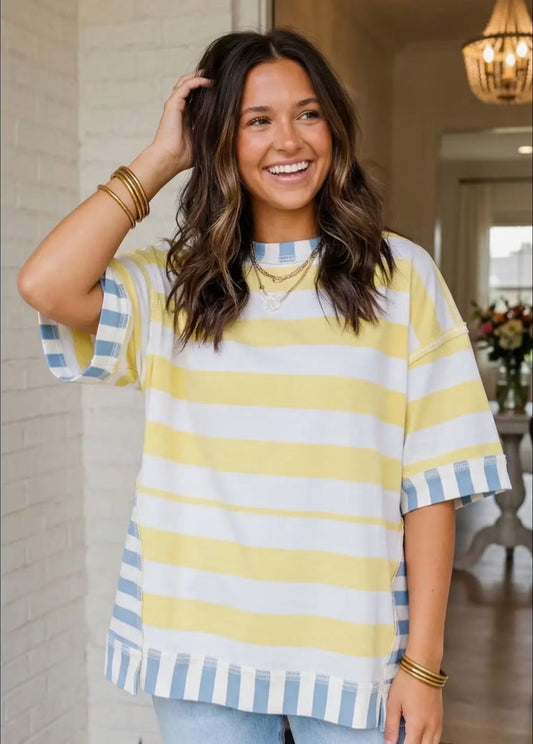 Yellow Stripe Exposed Seam Patchwork Top