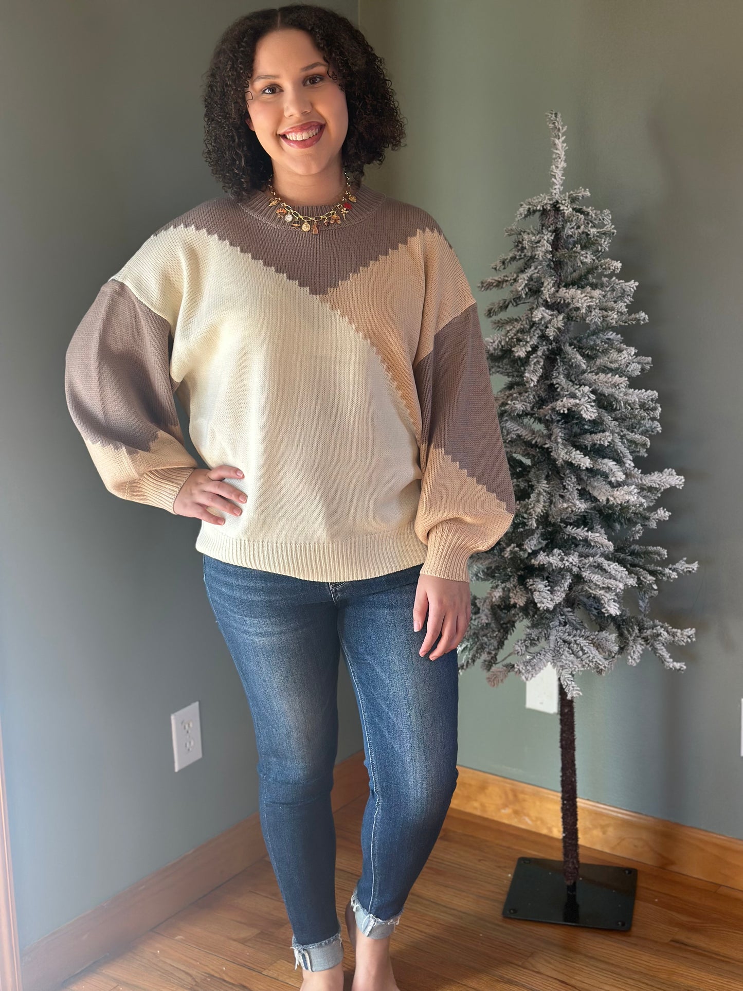 Angled Color Block Puff Sleeve Sweater