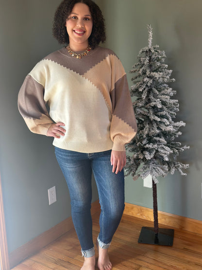 Angled Color Block Puff Sleeve Sweater