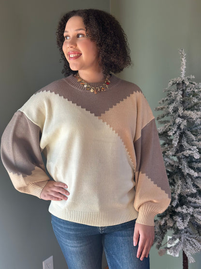 Angled Color Block Puff Sleeve Sweater