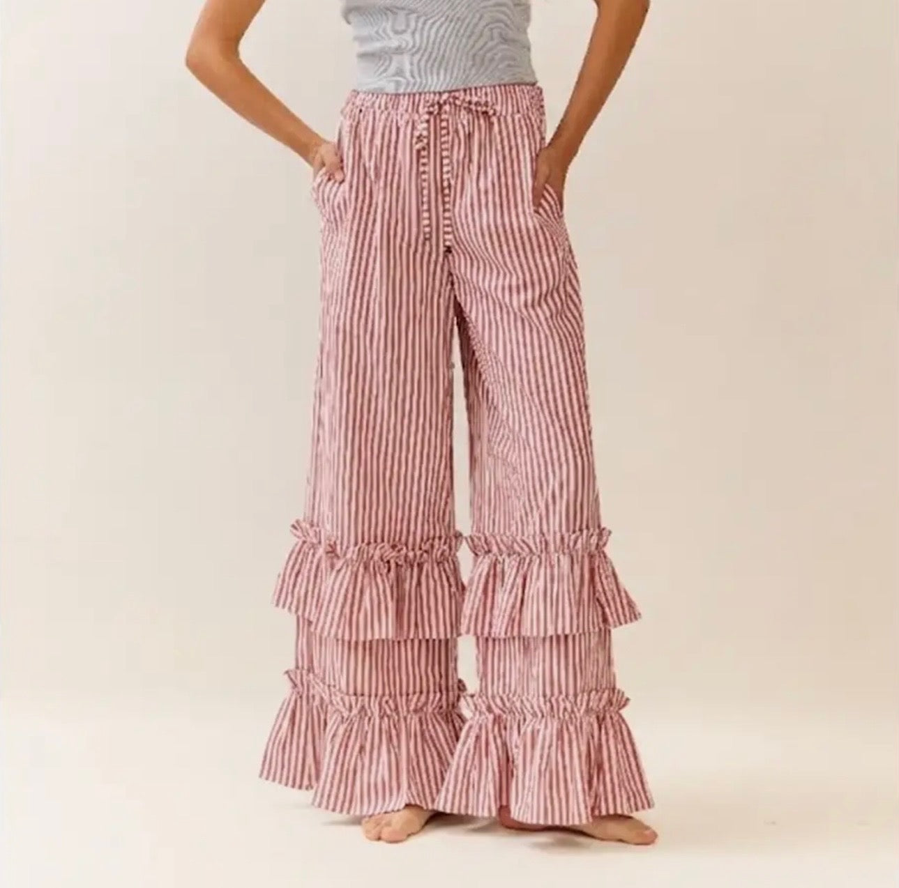 Plus Striped Pull On Maxi Pants-Red