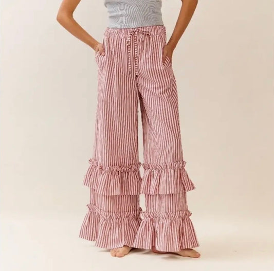 Plus Striped Pull On Maxi Pants-Red