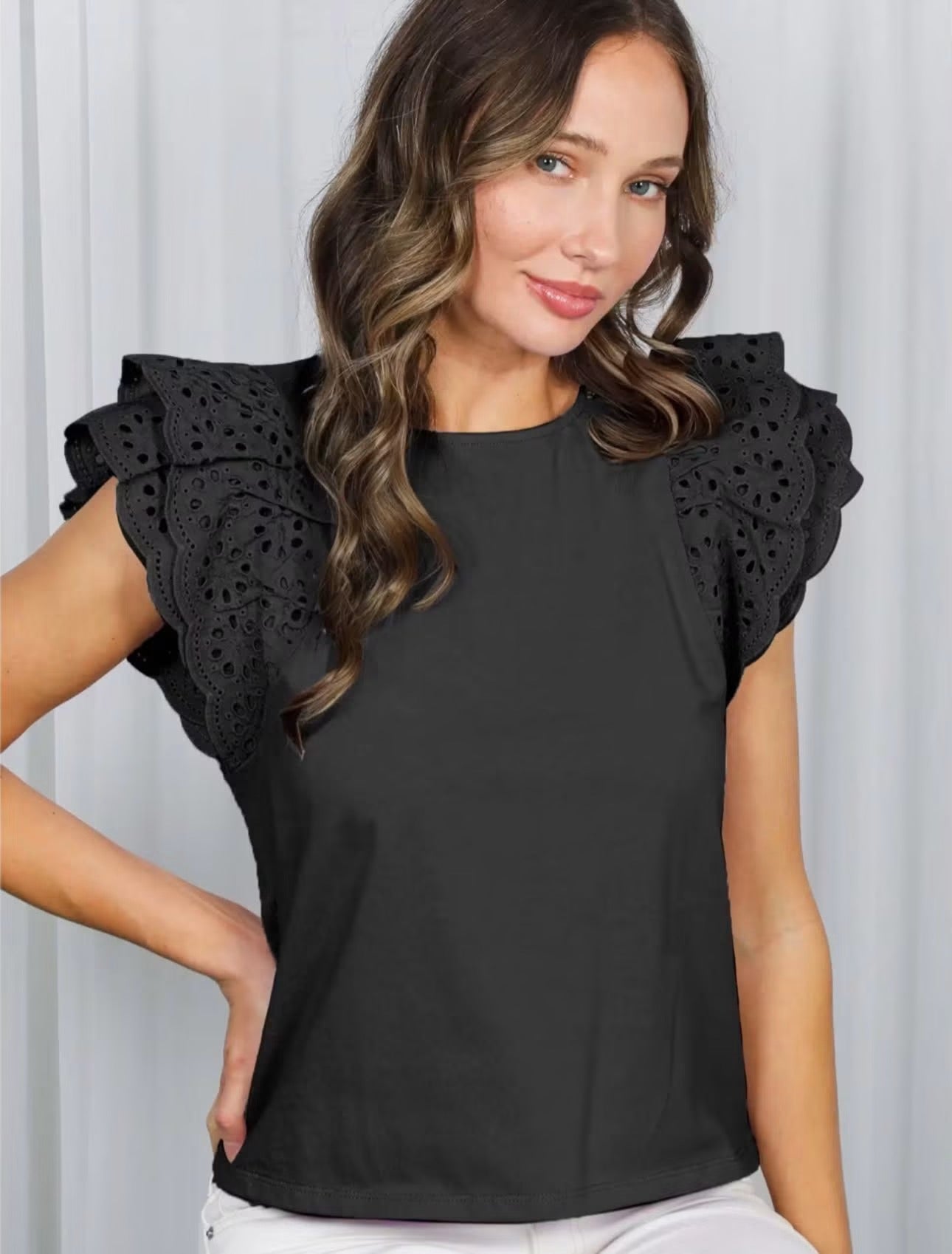 Crew Neck Eyelet Lace Ruffled Sleeve 100% Cotton