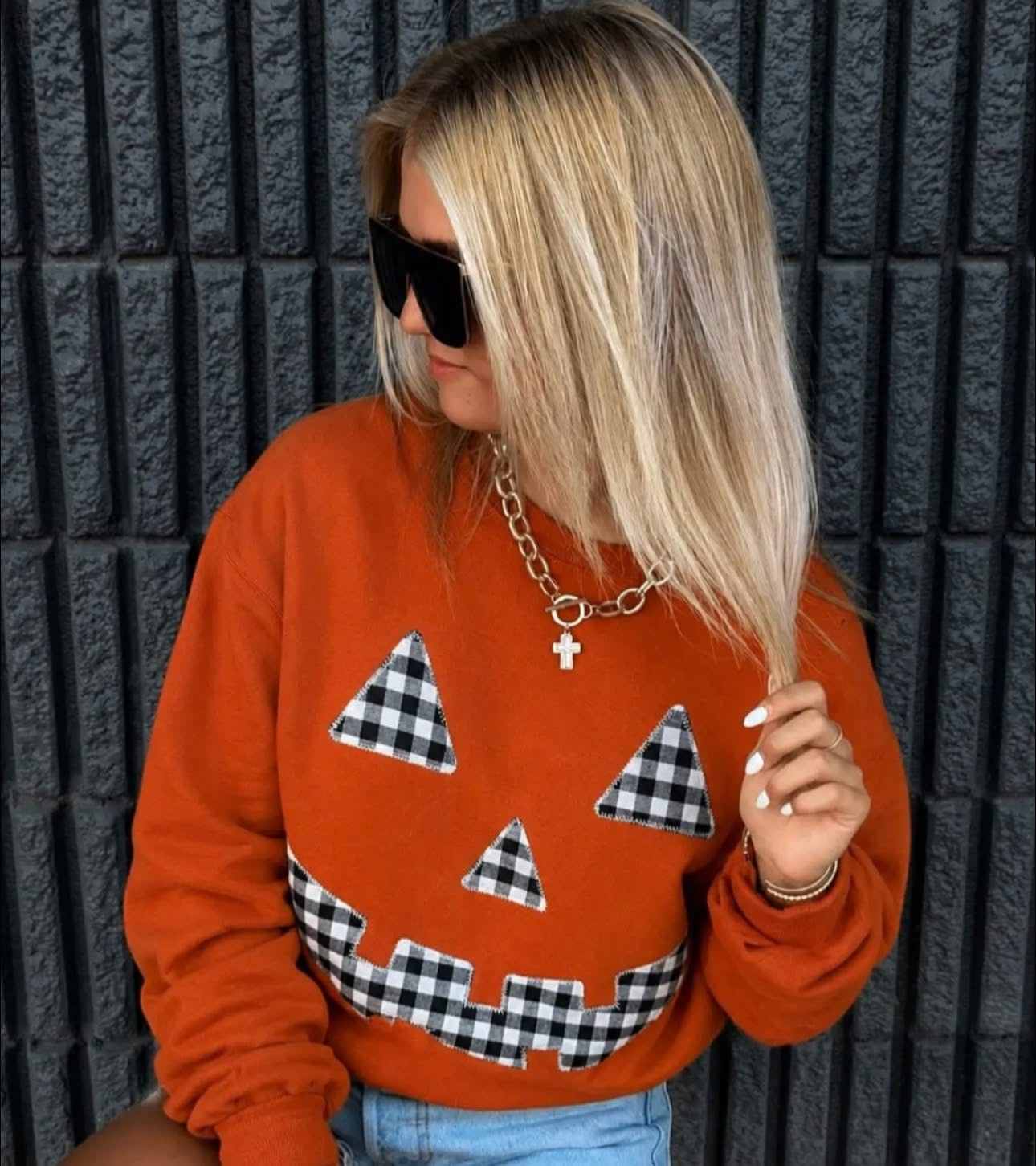 Burnt Orange Gingham Embroidered Pumpkin Sweatshirt