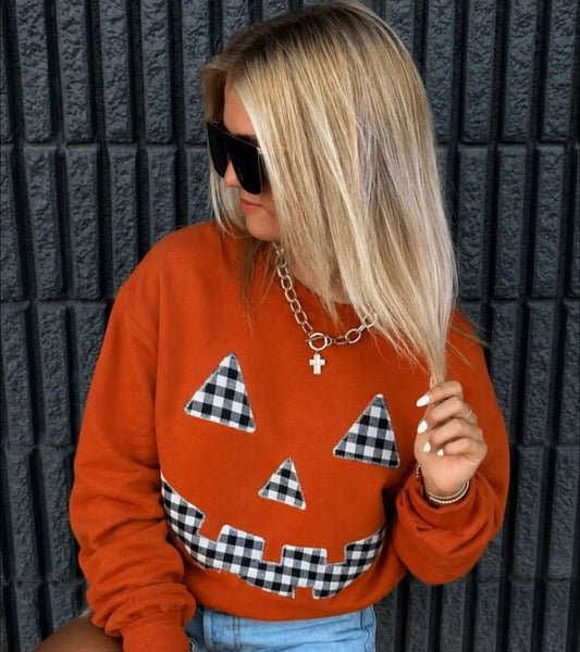 Burnt Orange Gingham Embroidered Pumpkin Sweatshirt
