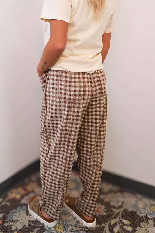 Soft Brushed Check Barrel Fit Utility Knit Pants- Mocha