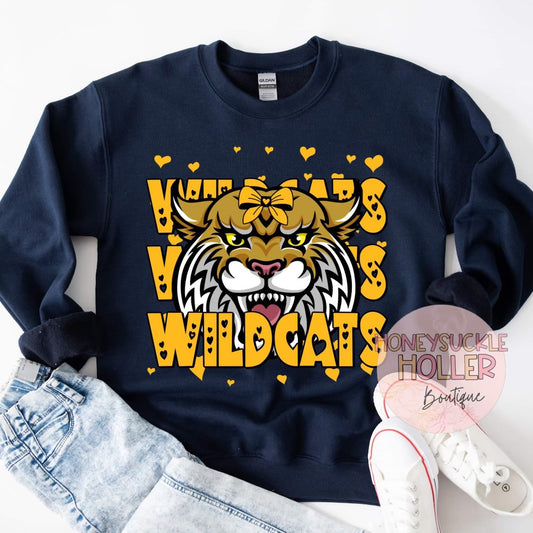Stacked Wildcats Navy and Gold with Hearts and Mascot