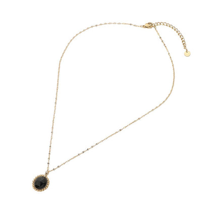SECRET BOX_Stainless Steel Beaded Trim Oval Stone Pendant Necklace: Black