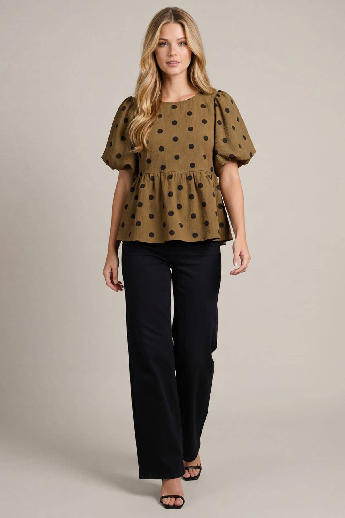 Puff Sleeve Polkadot Woven Top: MOCHA