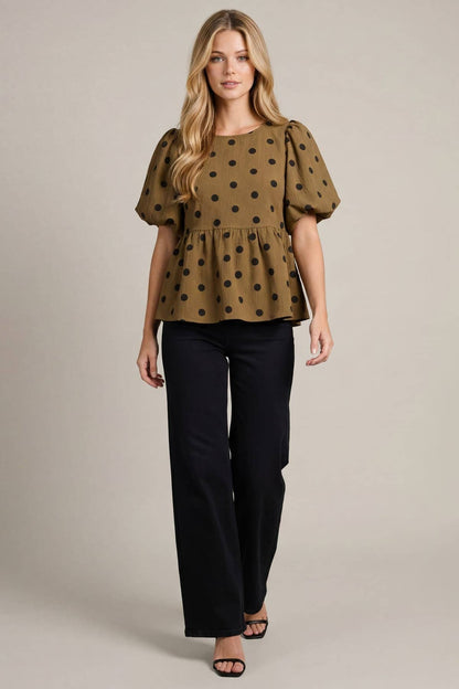 Puff Sleeve Polkadot Woven Top: MOCHA