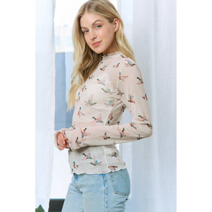 MOCK NECK DUCK PRINT MESH TOP: Beige Multi