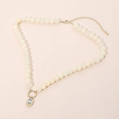 Round Stone Bezel Charm Pendant Beaded Necklace: Blue