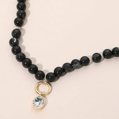 Round Stone Bezel Charm Pendant Beaded Necklace: Blue