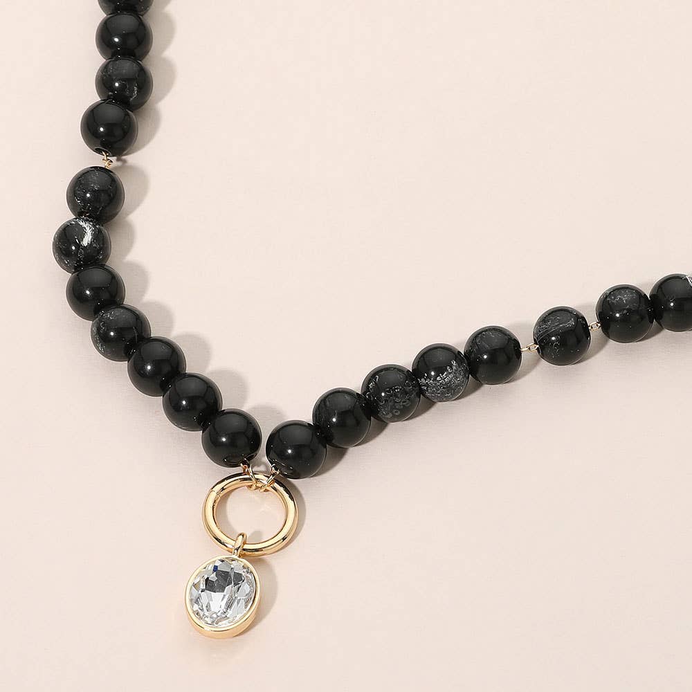 Round Stone Bezel Charm Pendant Beaded Necklace: Multi