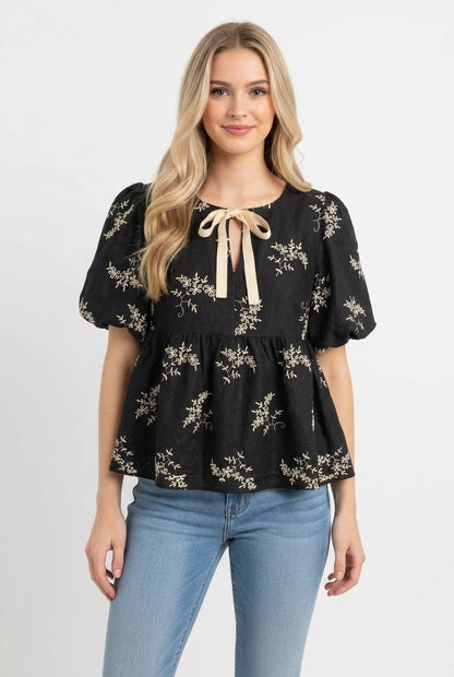 Embroidered Babydoll Top with Tie-Neck: BLACK