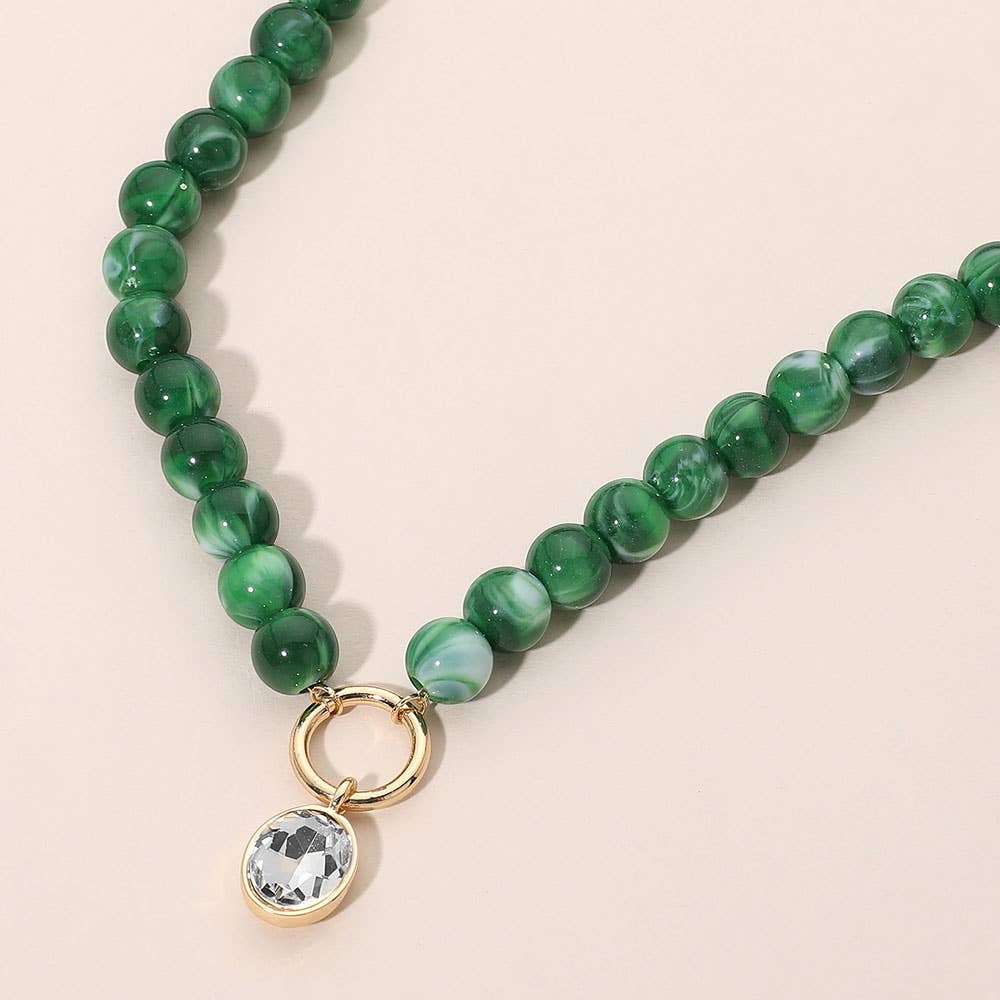 Round Stone Bezel Charm Pendant Beaded Necklace: Blue