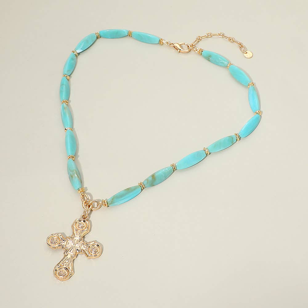 Bold Elegant Cross Pendant Chunky Resin Beaded Statement Necklace: Ivory