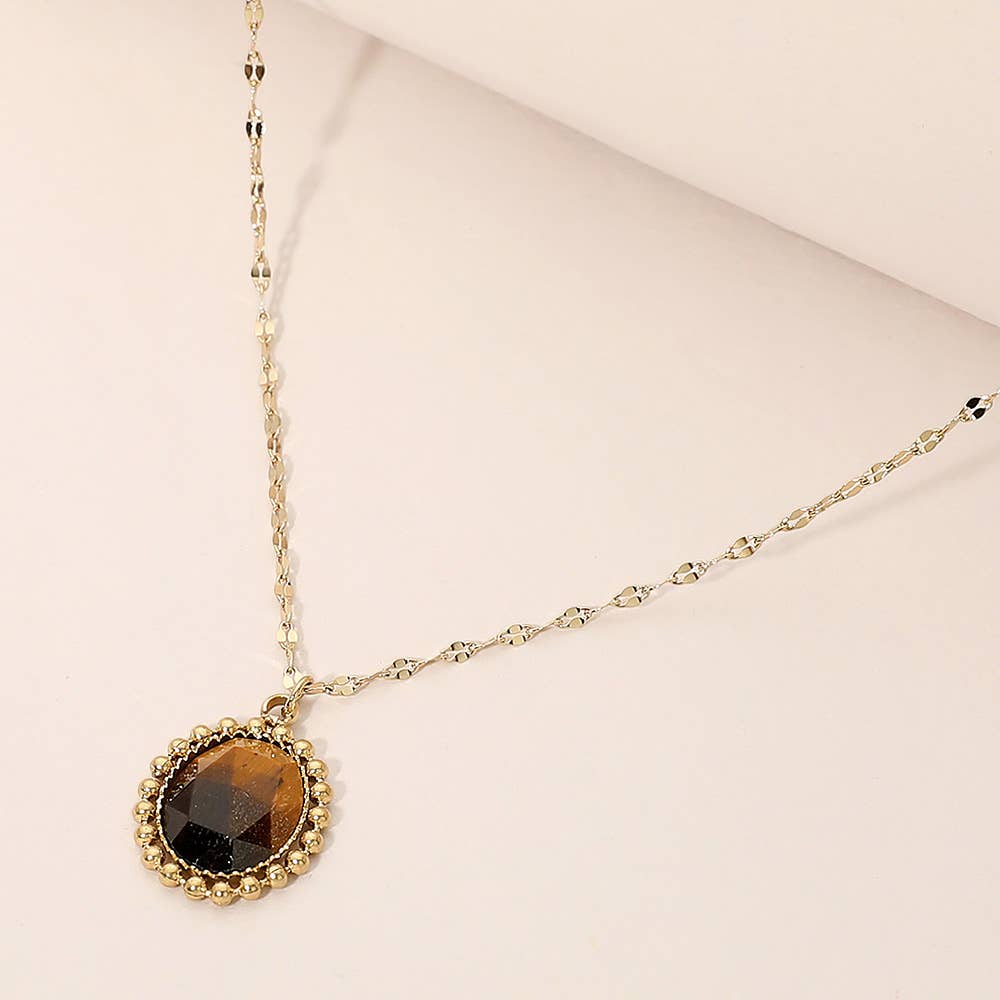 SECRET BOX_Stainless Steel Beaded Trim Oval Stone Pendant Necklace: Black