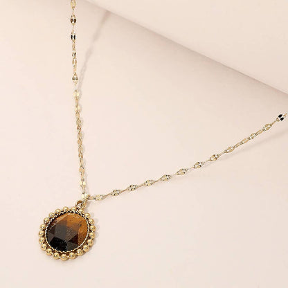 SECRET BOX_Stainless Steel Beaded Trim Oval Stone Pendant Necklace: Black