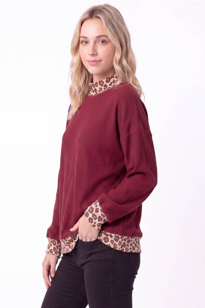 Rib Knit Leopard Contrast Pullover: BURGUNDY