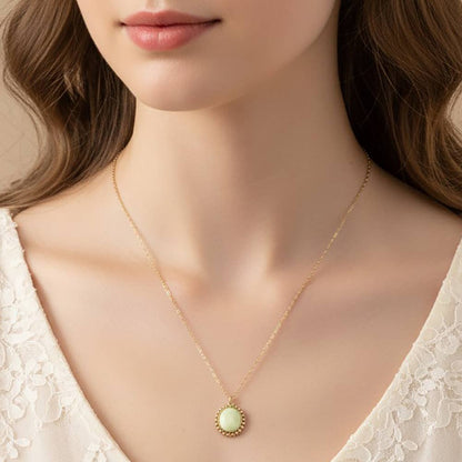 SECRET BOX_Stainless Steel Beaded Trim Oval Stone Pendant Necklace: Fuchsia