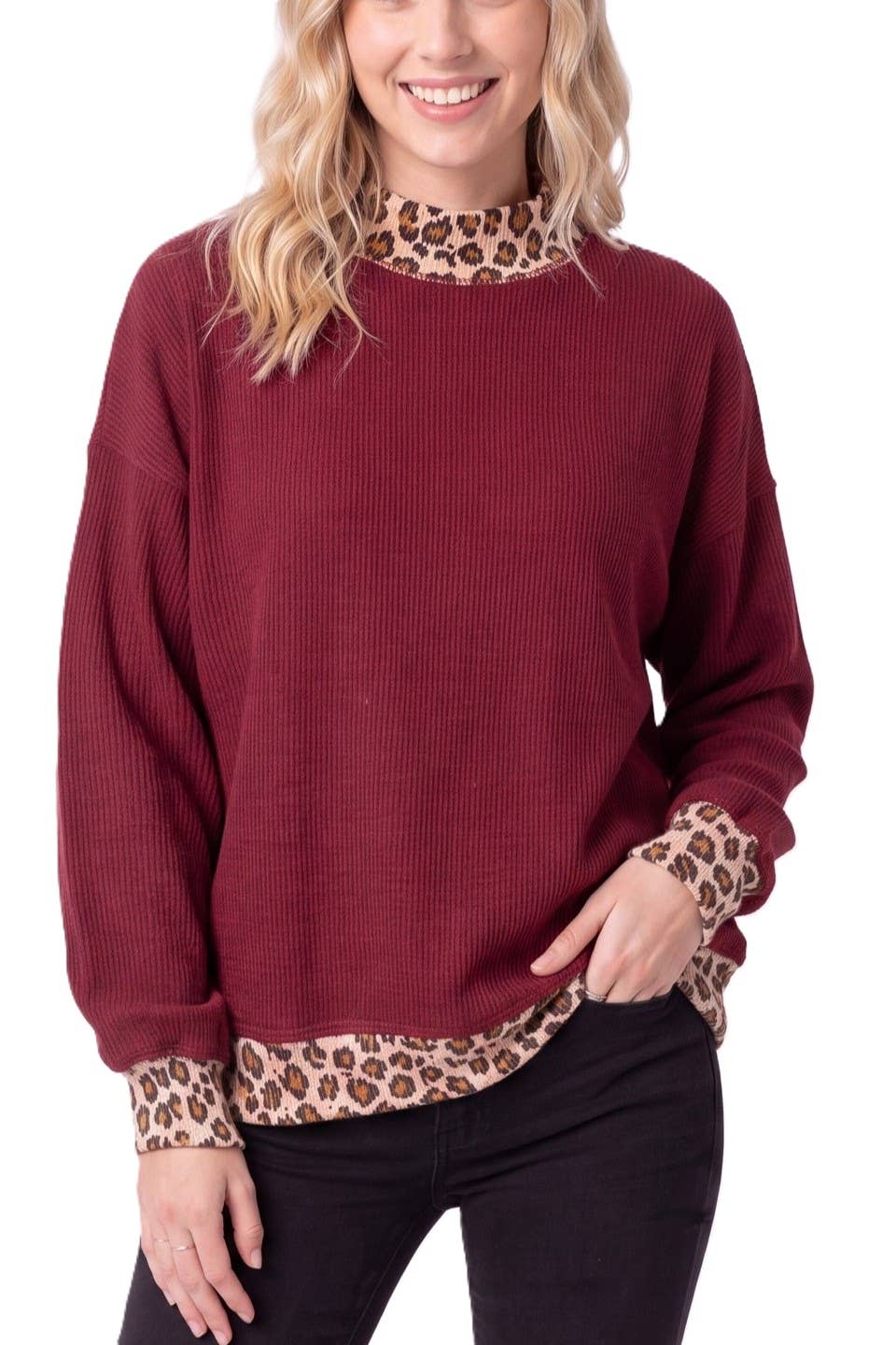 Rib Knit Leopard Contrast Pullover: BURGUNDY