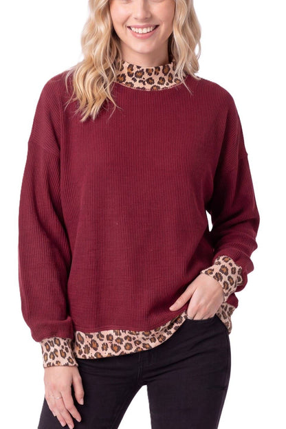 Rib Knit Leopard Contrast Pullover: BURGUNDY
