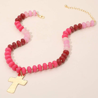18K Gold Dipped Hammered Cross Plate Pendant Chunky Resin Disc Beaded Necklace: Fuchsia,Gold