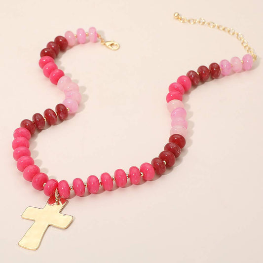 18K Gold Dipped Hammered Cross Plate Pendant Chunky Resin Disc Beaded Necklace: Fuchsia,Gold