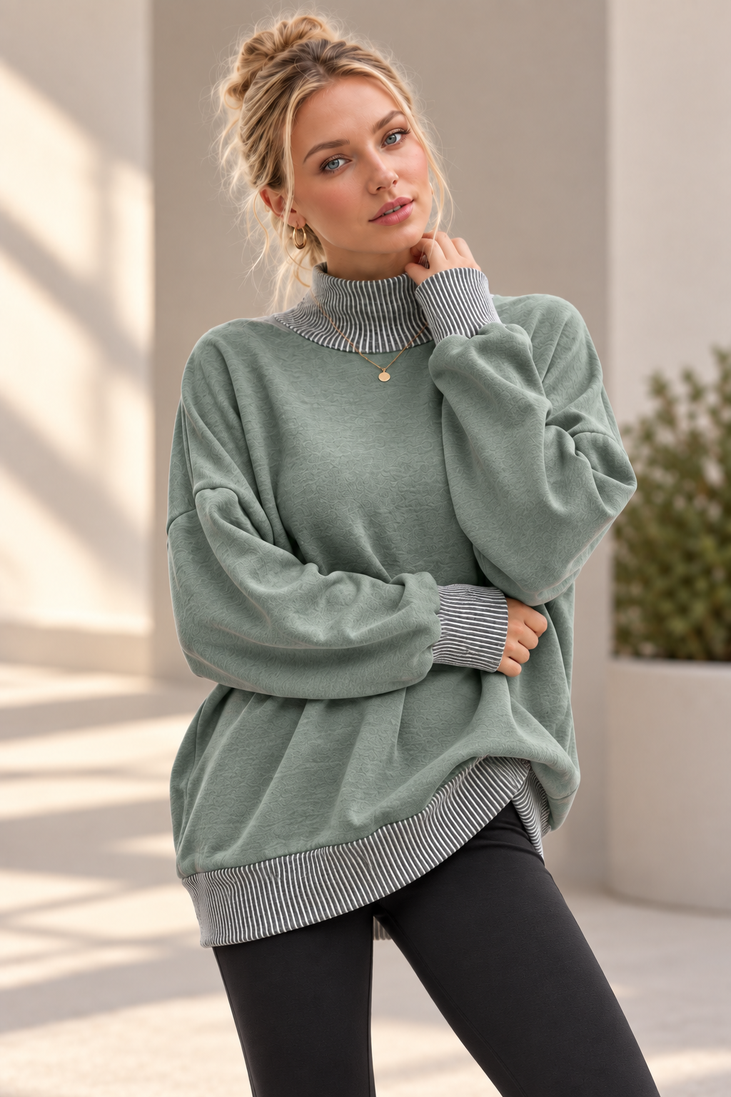 MOCK NECK FLEECE SWEATSHIRT WITH WAVE RIB DETAILS: SAGE / 3-3;S/M-L/XL