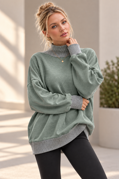 MOCK NECK FLEECE SWEATSHIRT WITH WAVE RIB DETAILS: SAGE / 3-3;S/M-L/XL