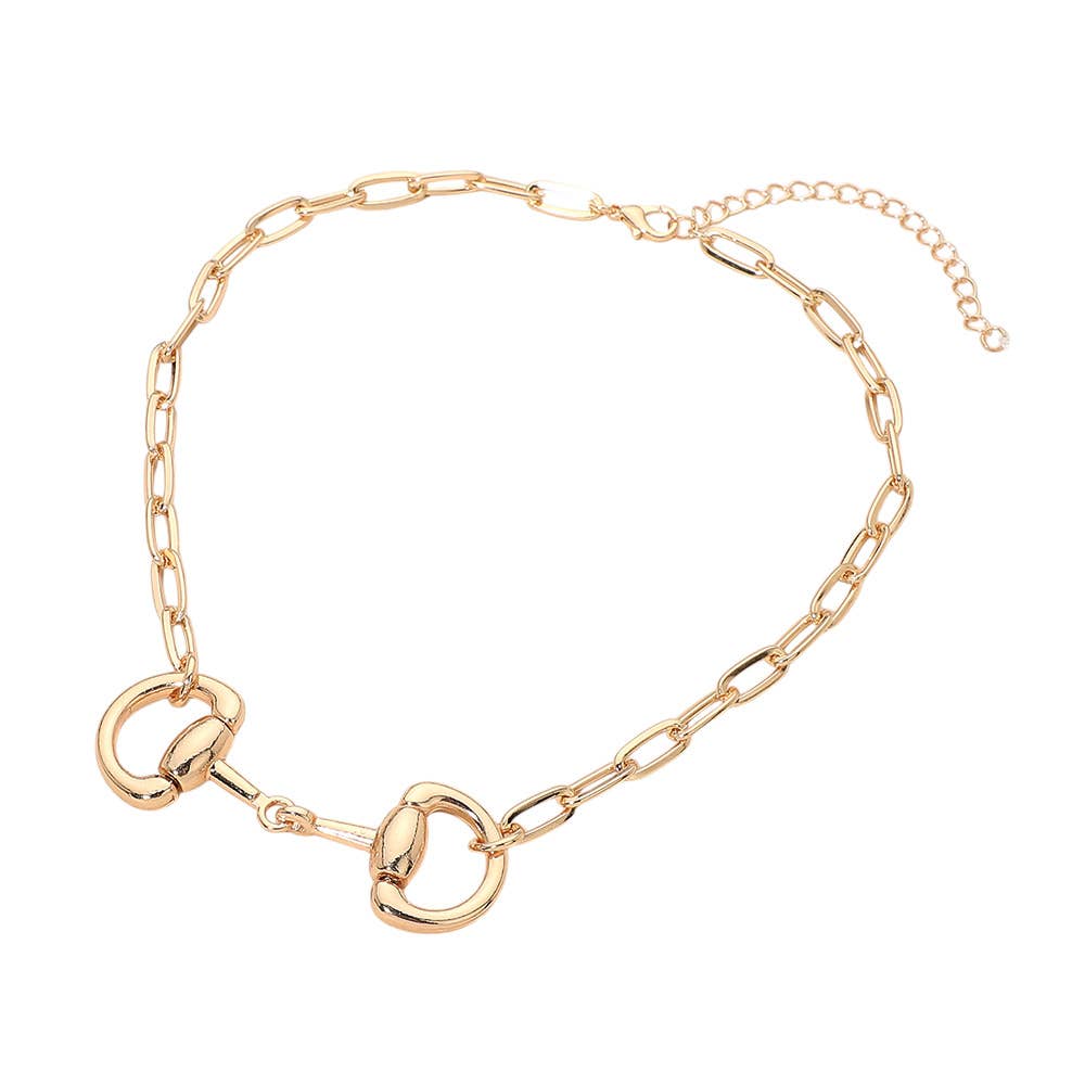 Horsebit Link Accent Paperclip Chain Necklace: Rhodium