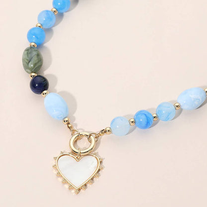 Heart Pendant Ring Accent Mixed Bead Necklace: Brown