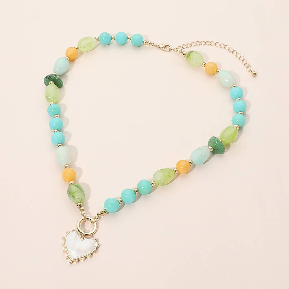 Heart Pendant Ring Accent Mixed Bead Necklace: Brown