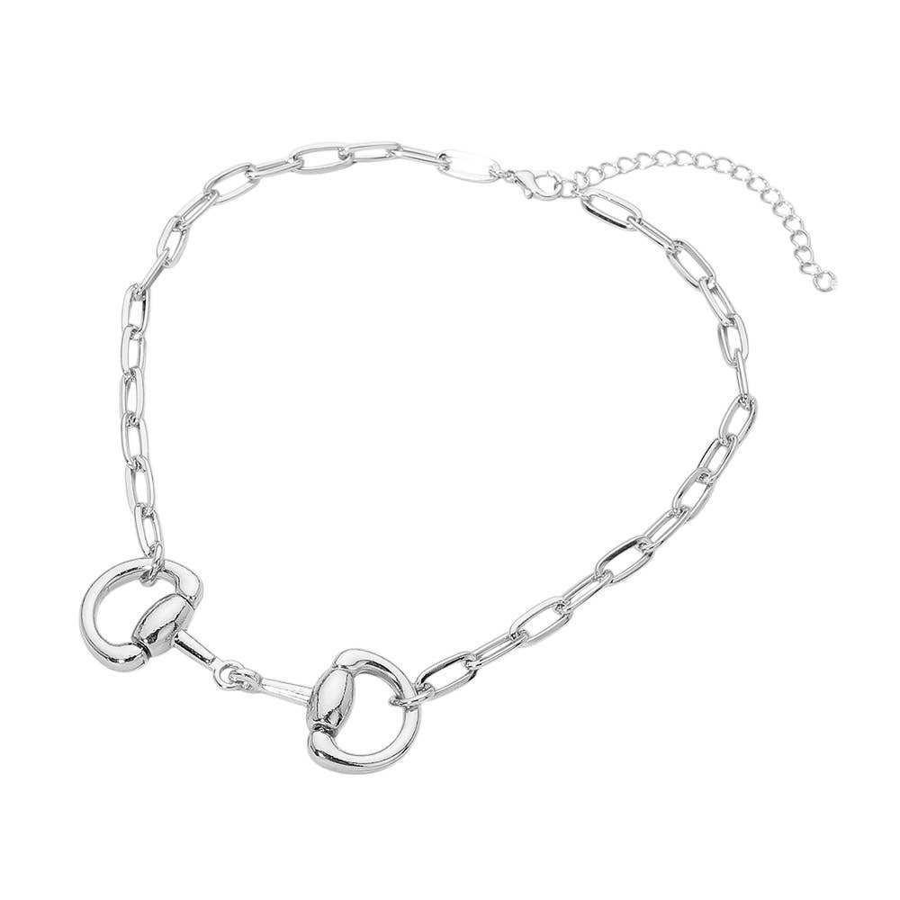 Horsebit Link Accent Paperclip Chain Necklace: Rhodium