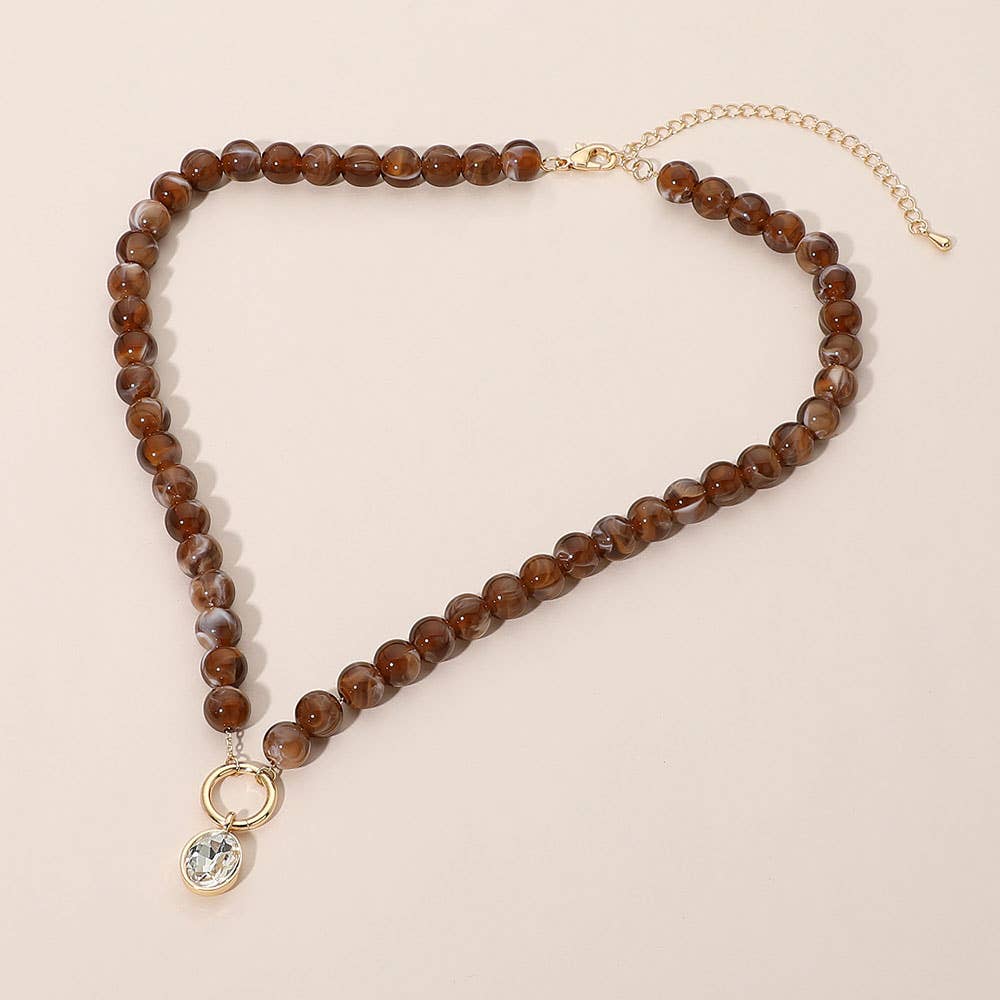 Round Stone Bezel Charm Pendant Beaded Necklace: Brown