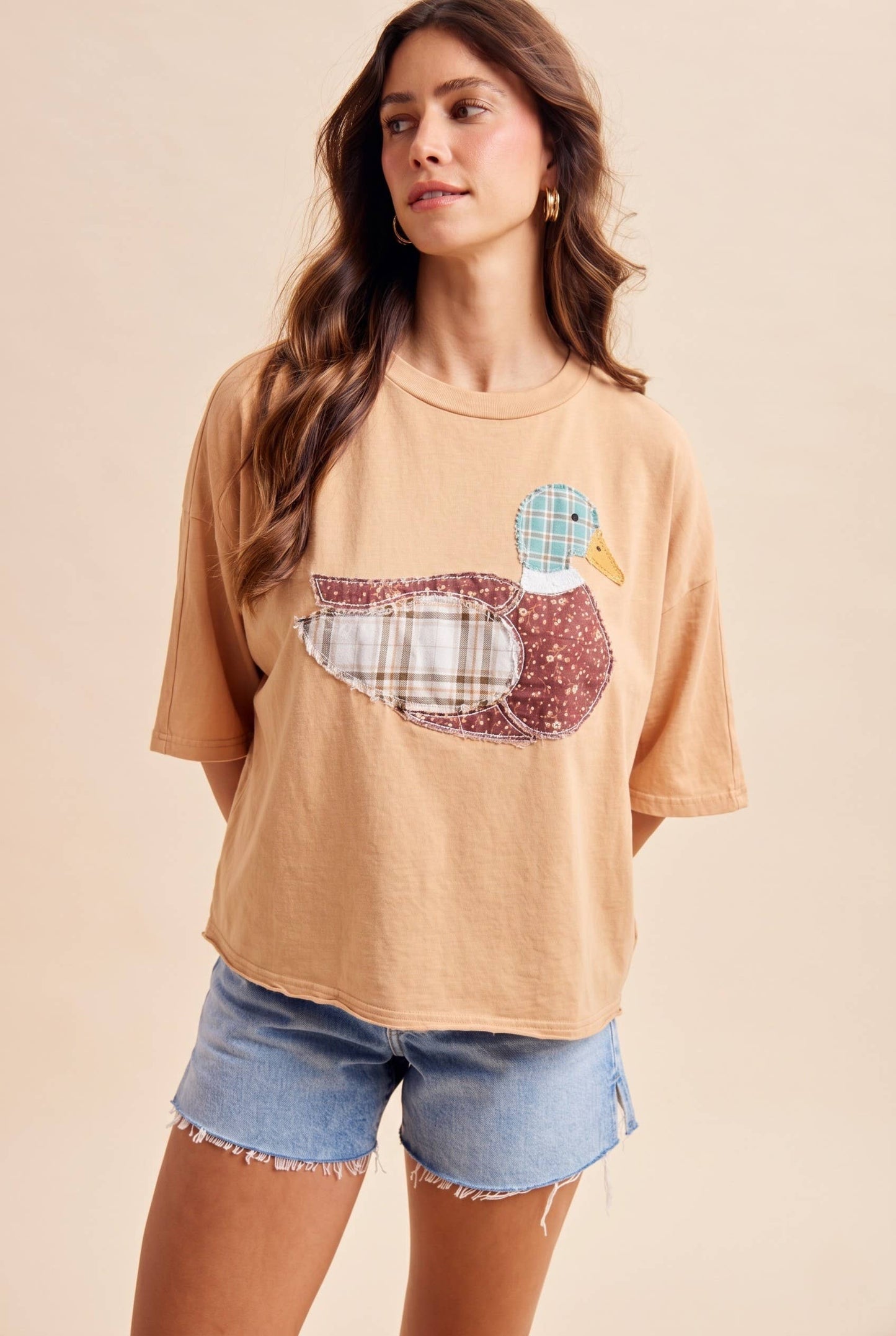 Mallard Duck Patchwork Dolman Sleeve Knit Top: LATTE