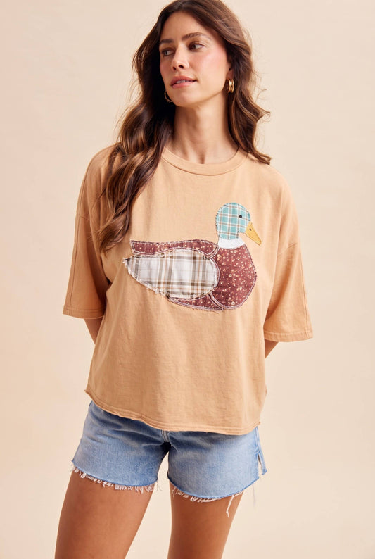 Mallard Duck Patchwork Dolman Sleeve Knit Top: LATTE