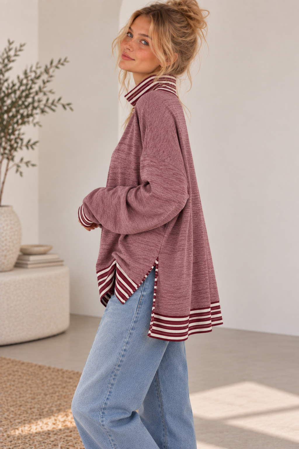 BUTTER SOFT HEATHER FLEECE MOCK NECK TUNIC STRIPE CONTRAST: Beige / 3-3;S/M-L/XL