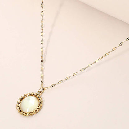 SECRET BOX_Stainless Steel Beaded Trim Oval Stone Pendant Necklace: White