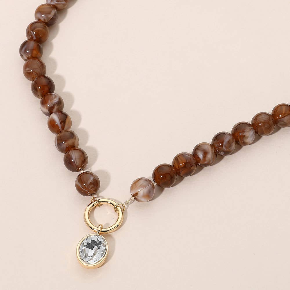 Round Stone Bezel Charm Pendant Beaded Necklace: Blue