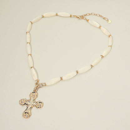 Bold Elegant Cross Pendant Chunky Resin Beaded Statement Necklace: Ivory