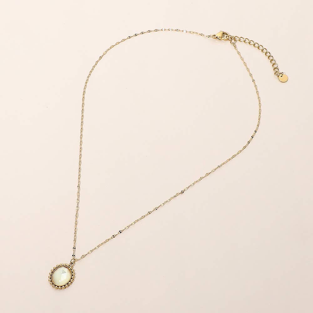 SECRET BOX_Stainless Steel Beaded Trim Oval Stone Pendant Necklace: Turquoise