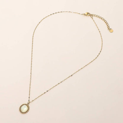 SECRET BOX_Stainless Steel Beaded Trim Oval Stone Pendant Necklace: Turquoise