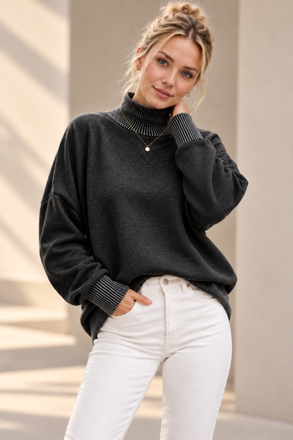 MOCK NECK FLEECE SWEATSHIRT WITH WAVE RIB DETAILS: SAGE / 3-3;S/M-L/XL