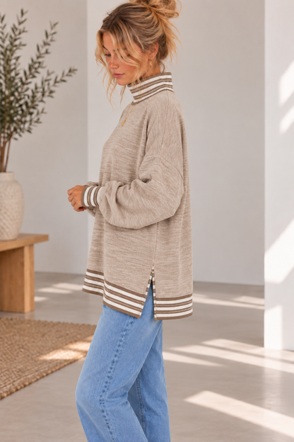 BUTTER SOFT HEATHER FLEECE MOCK NECK TUNIC STRIPE CONTRAST: Beige / 3-3;S/M-L/XL