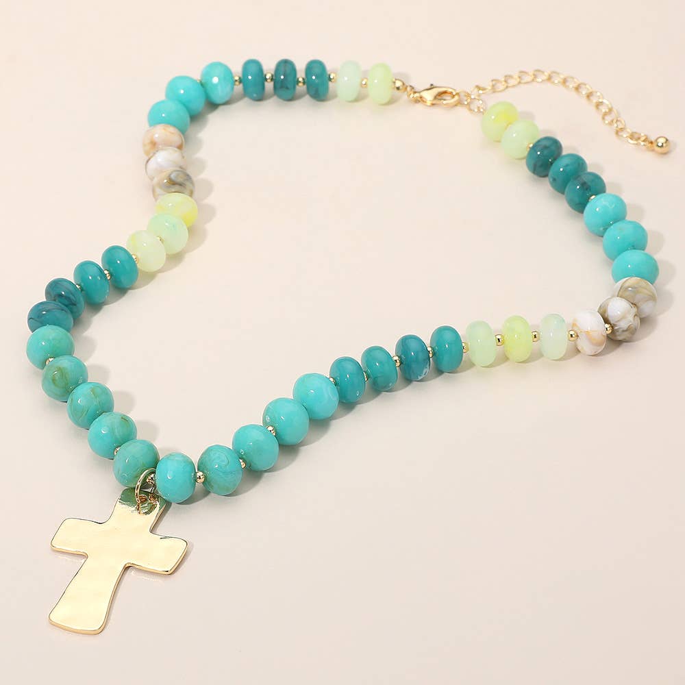 18K Gold Dipped Hammered Cross Plate Pendant Chunky Resin Disc Beaded Necklace: Fuchsia,Gold
